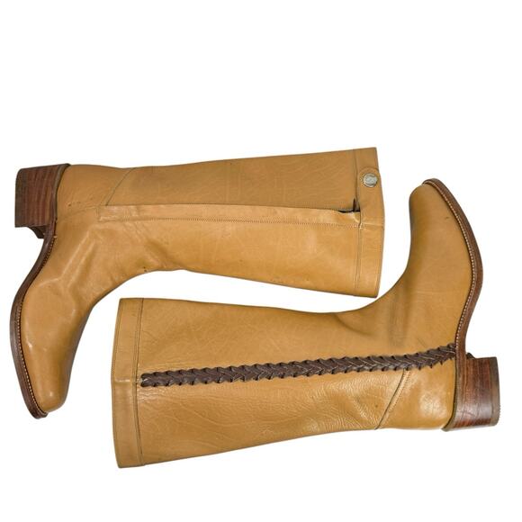 Tall Knee High Boots Women Size 9 Campus Style Camel Tan Leather Stacked Heel - Picture 4 of 9